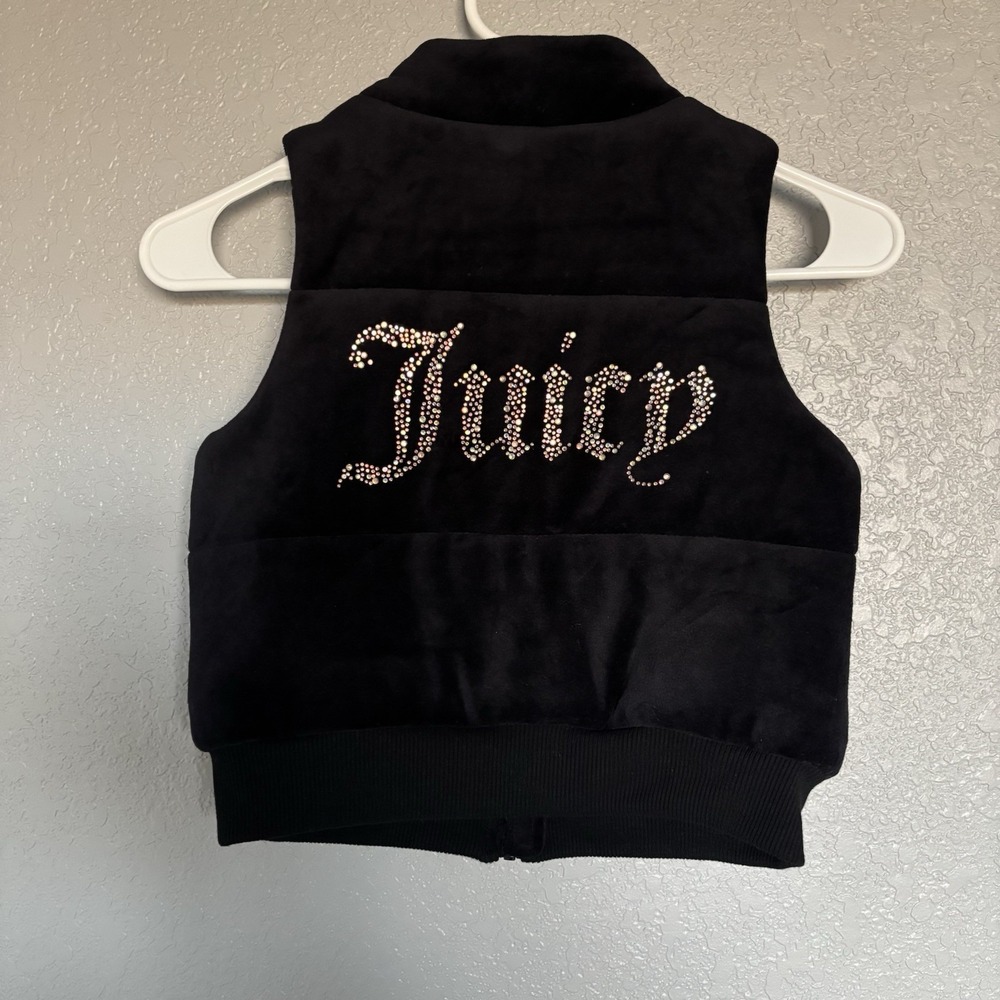 Juicy Couture Girls Black Velour Rhinestone Puffer Vest Size 6X Y2K Style